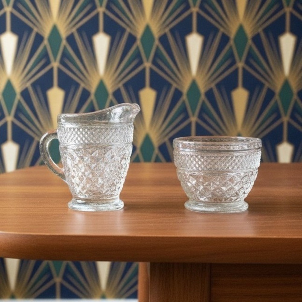 Anchor Hocking Wexford Creamer & Sugar Bowl, Vintage Clear Press Glass Tableware